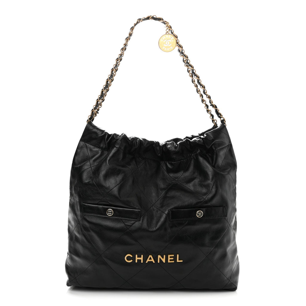 Shiny Calfskin Double Pocket Quilted Chanel 22 Black