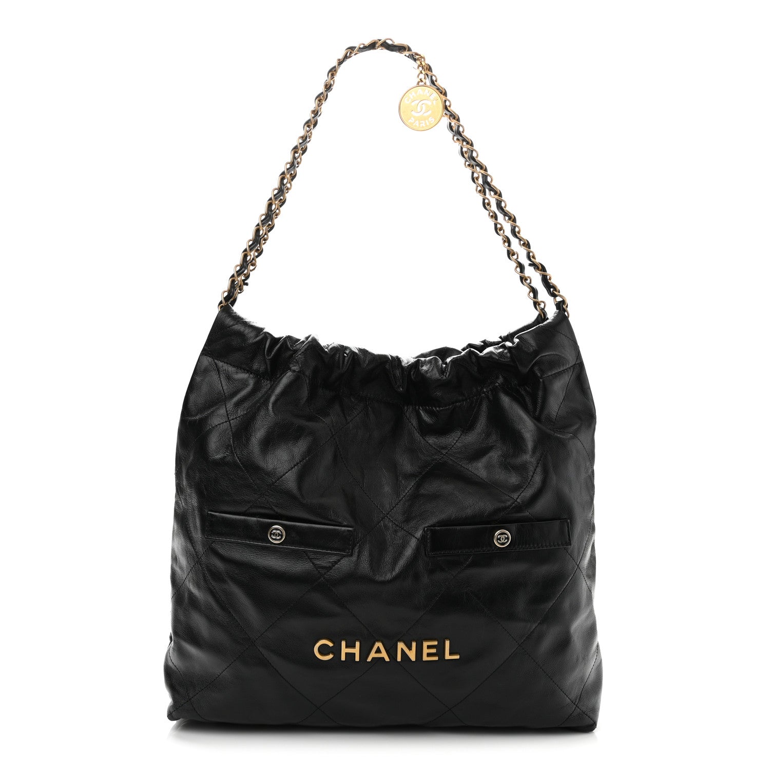 Shiny Calfskin Double Pocket Quilted Chanel 22 Black