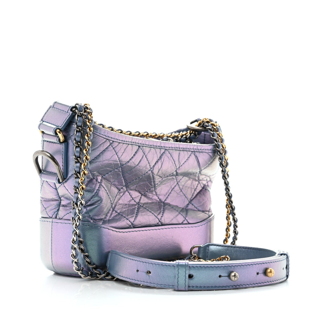 Iridescent Aged Calfskin Quilted Small Gabrielle Hobo Blue