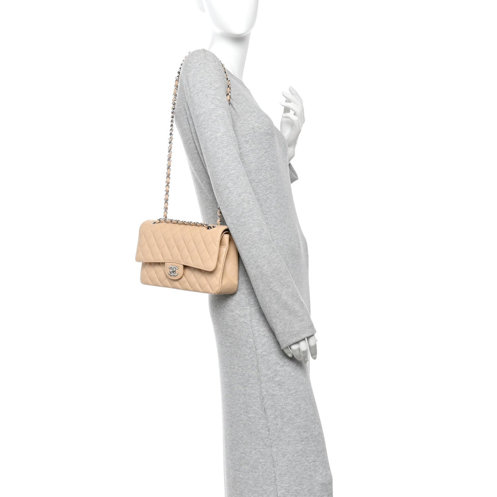 Caviar Quilted Medium Double Flap Beige