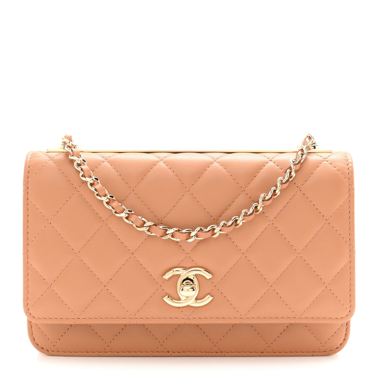 Lambskin Quilted Trendy CC Wallet On Chain WOC Camel