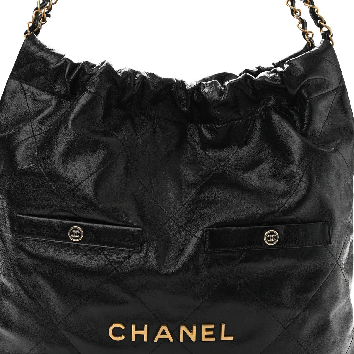Shiny Calfskin Double Pocket Quilted Chanel 22 Black