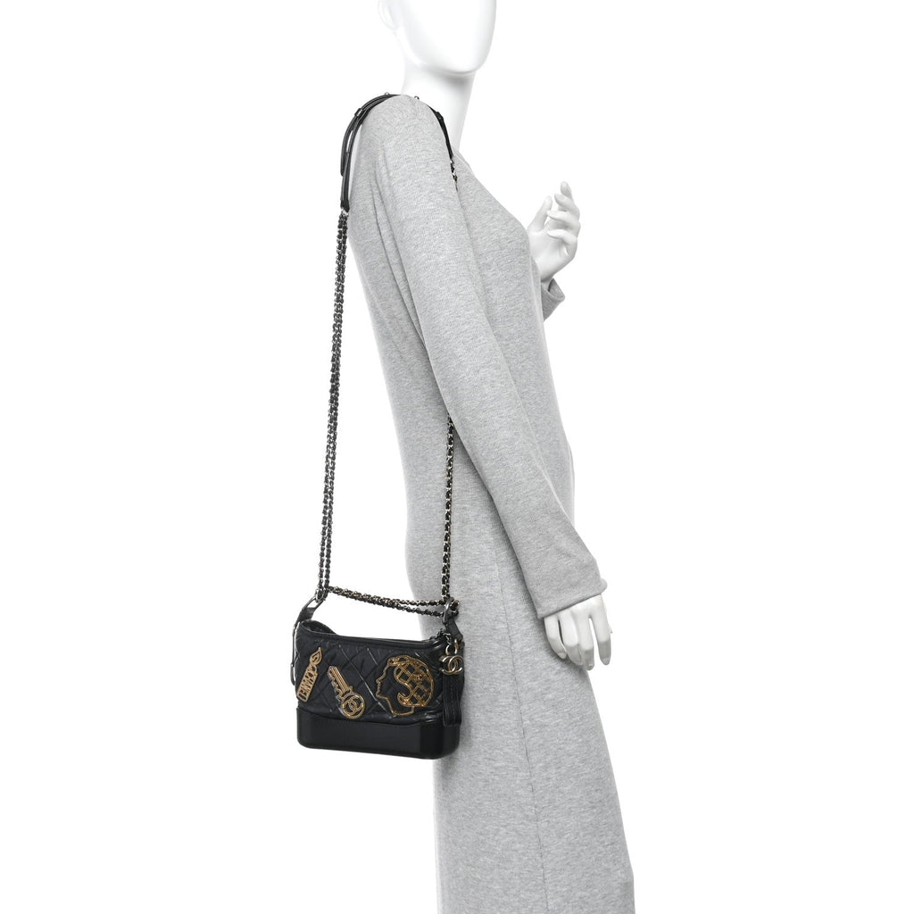 Aged Calfskin Quilted Charms Small Gabrielle Hobo Black