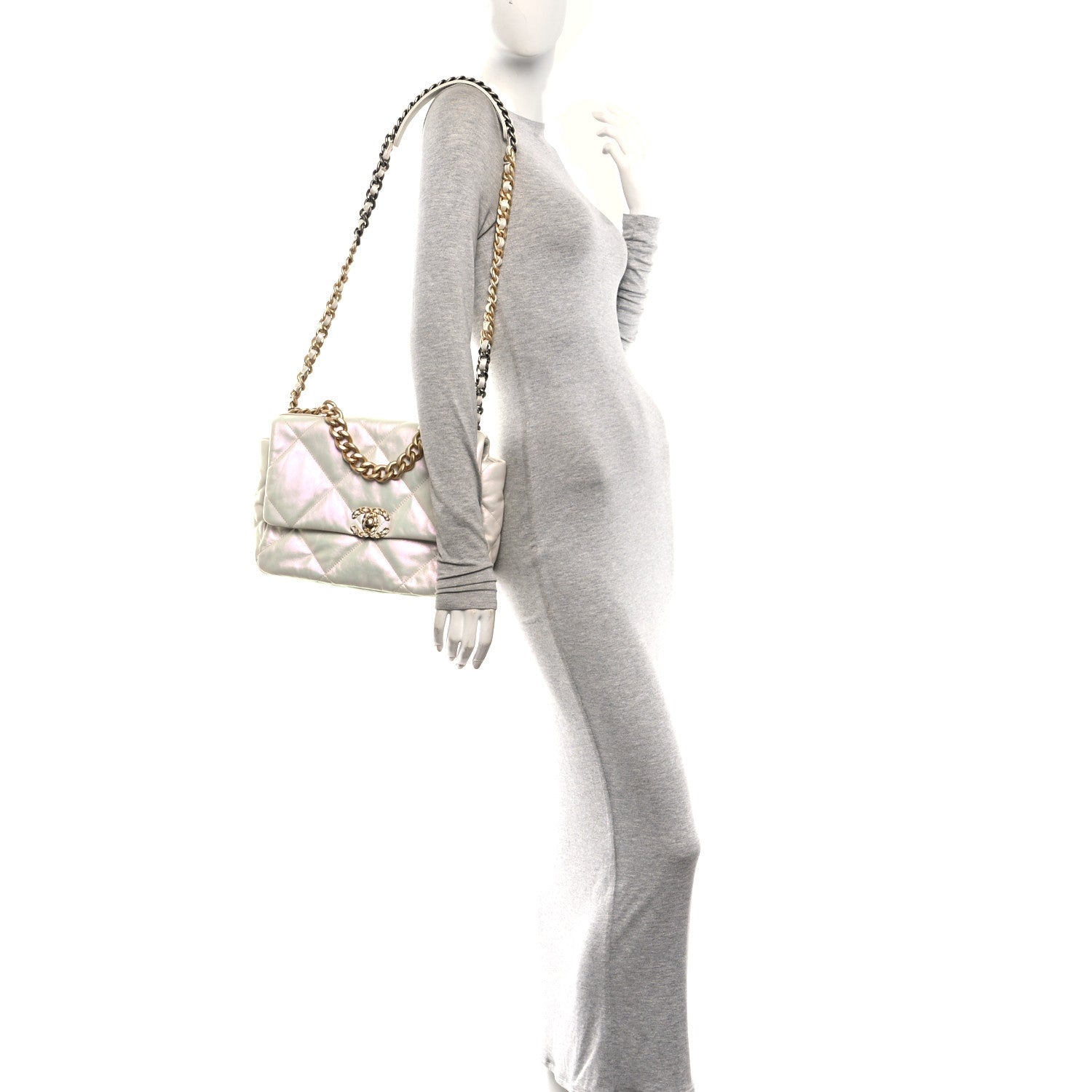 Iridescent Calfskin Quilted Large Chanel 19 Flap White