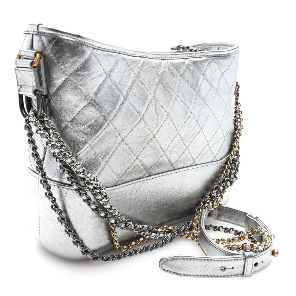 Metallic Lambskin Calfskin Quilted Medium Gabrielle Hobo Silver