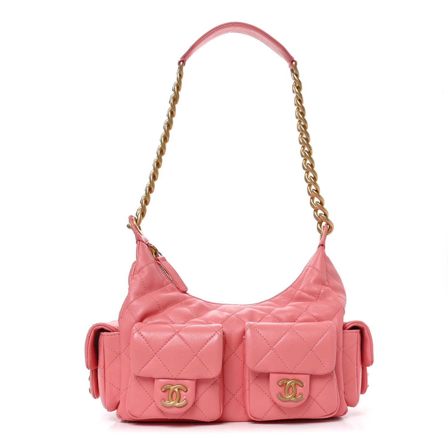 Shiny Lambskin Quilted Trendy Pockets Hobo Coral Pink