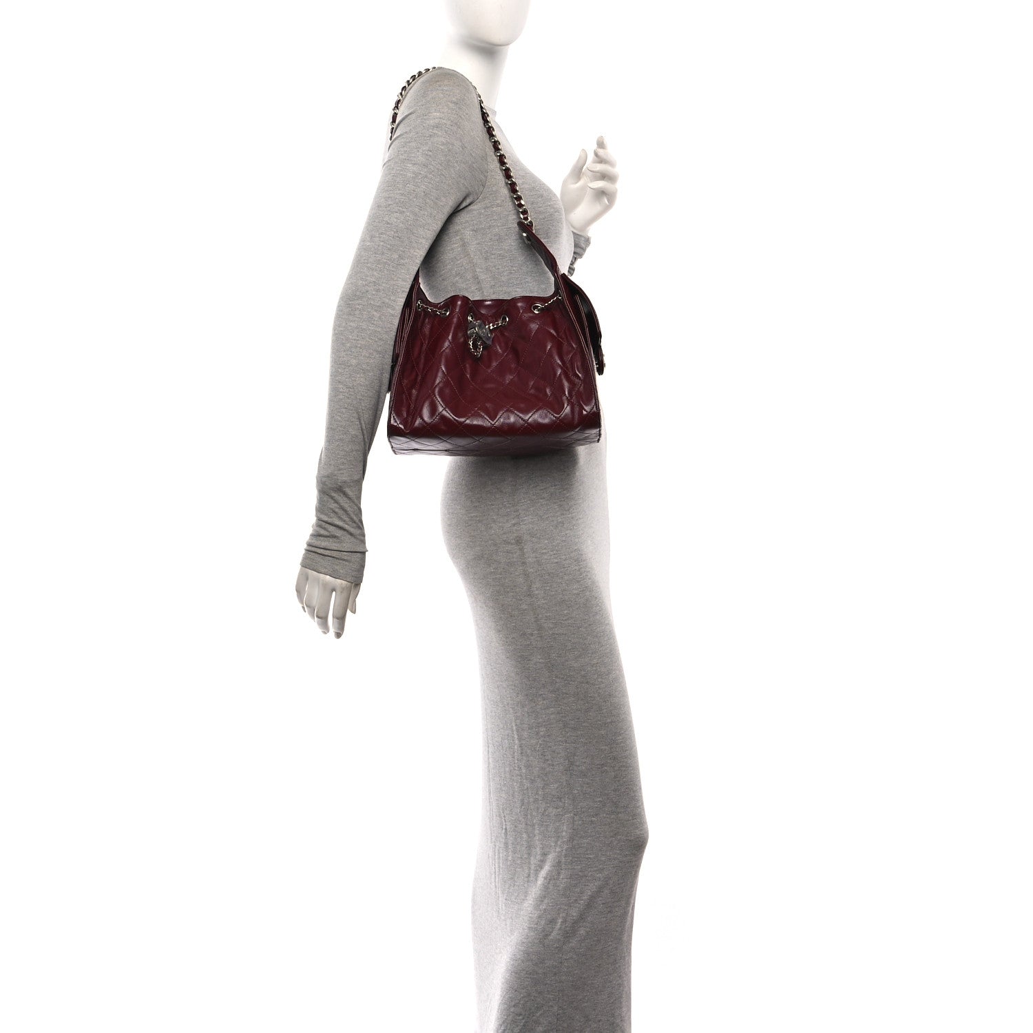 Shiny Crumpled Calfskin Quilted Small Chanel 25 Handbag Burgundy