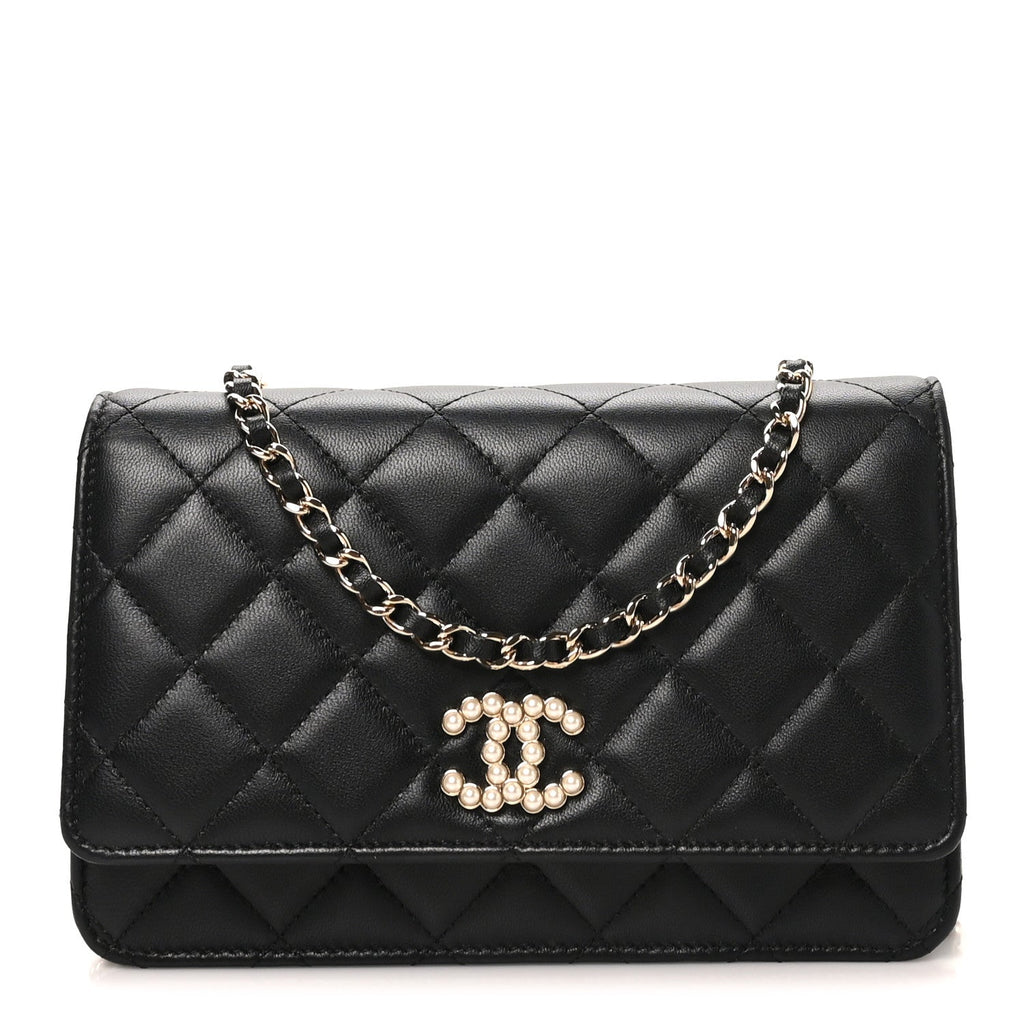 Lambskin Quilted Pearl CC Wallet on Chain WOC Black