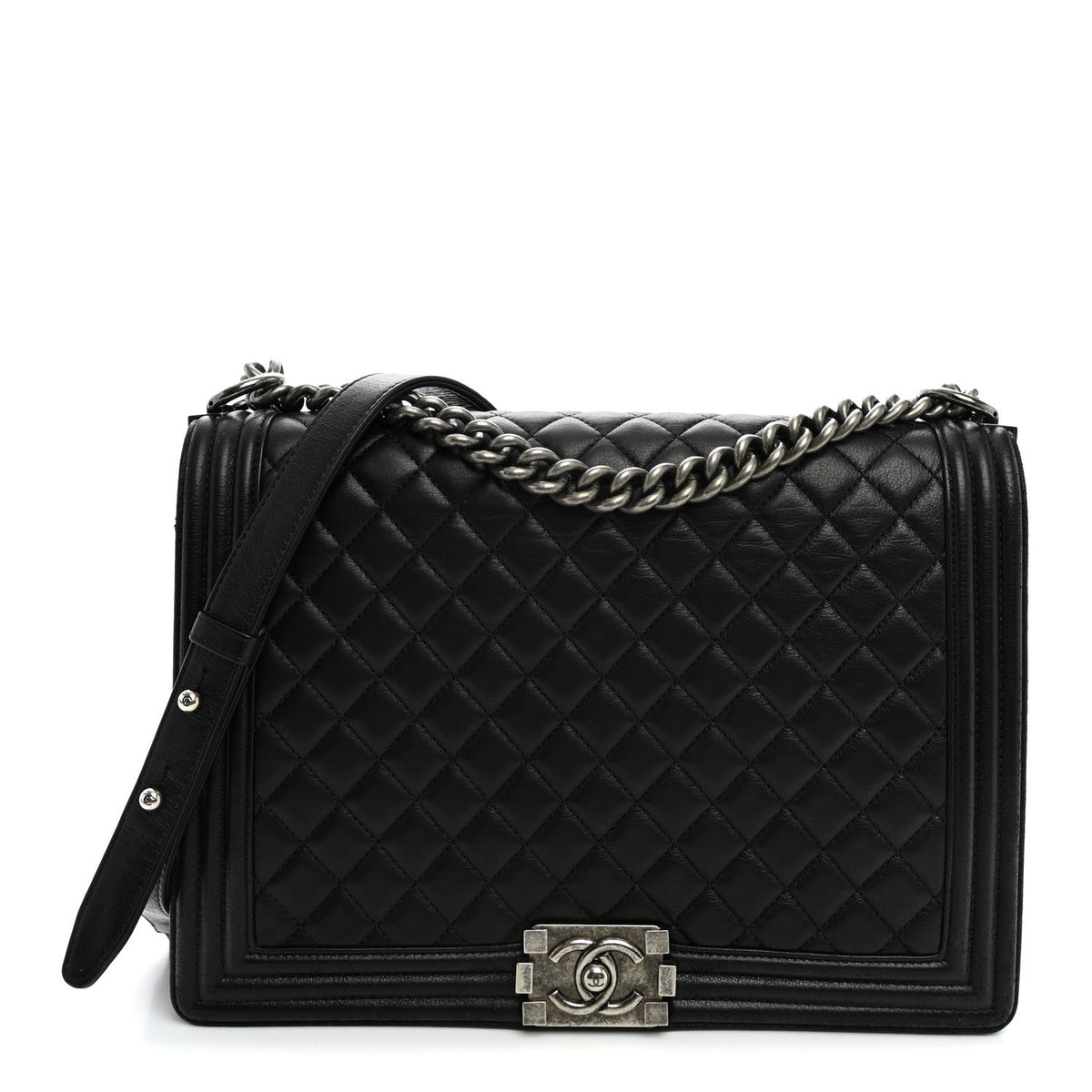 Calfskin Quilted Large Boy Flap Black