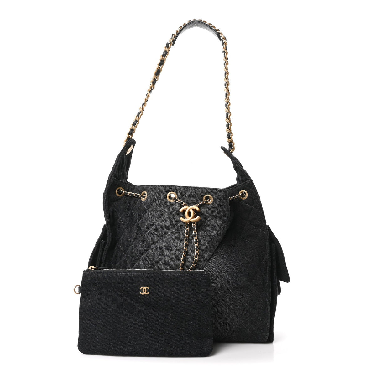 Washed Denim Quilted Medium Chanel 25 Handbag Black