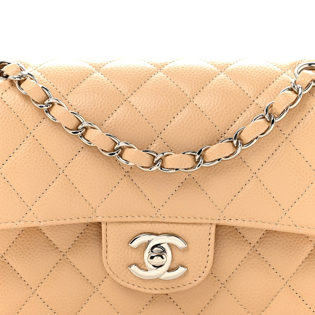 Caviar Quilted Small Double Flap Beige