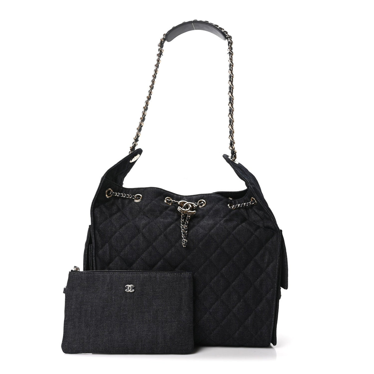 Denim Quilted Medium Chanel 25 Handbag Dark Blue
