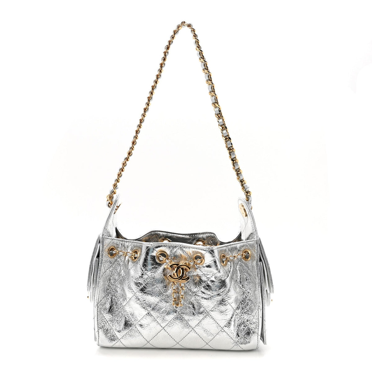 Metallic Aged Calfskin Quilted Mini Chanel 25 Handbag Silver