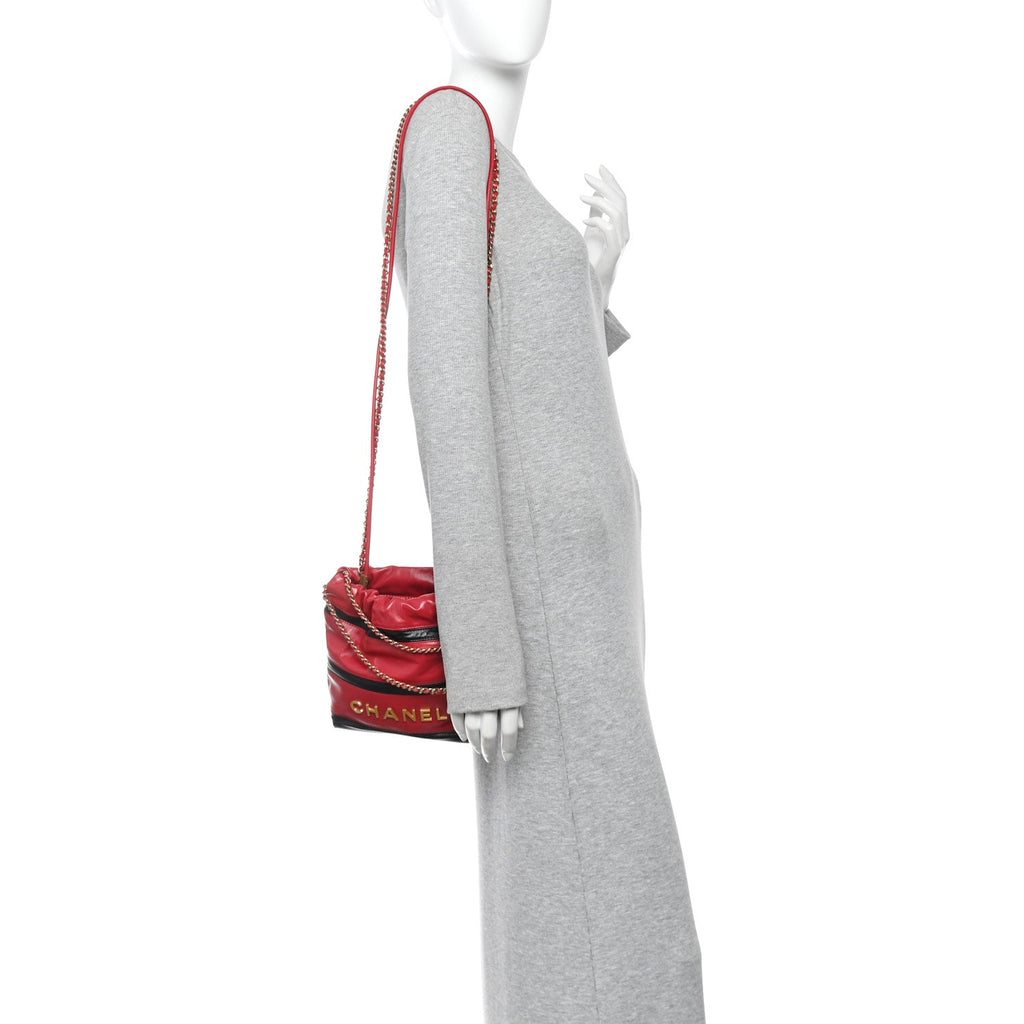 Shiny Calfskin Striped Mini Chanel 22 Red Black