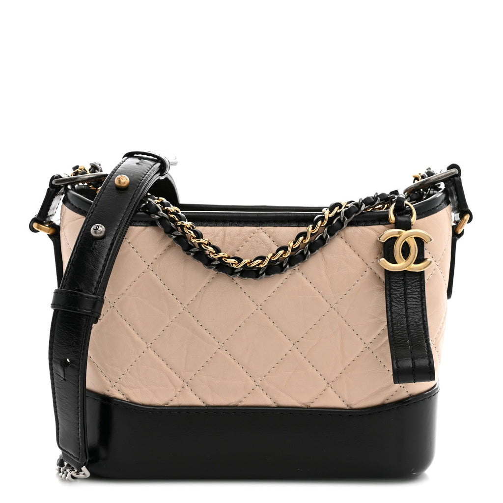 Aged Calfskin Quilted Small Gabrielle Hobo Beige Black