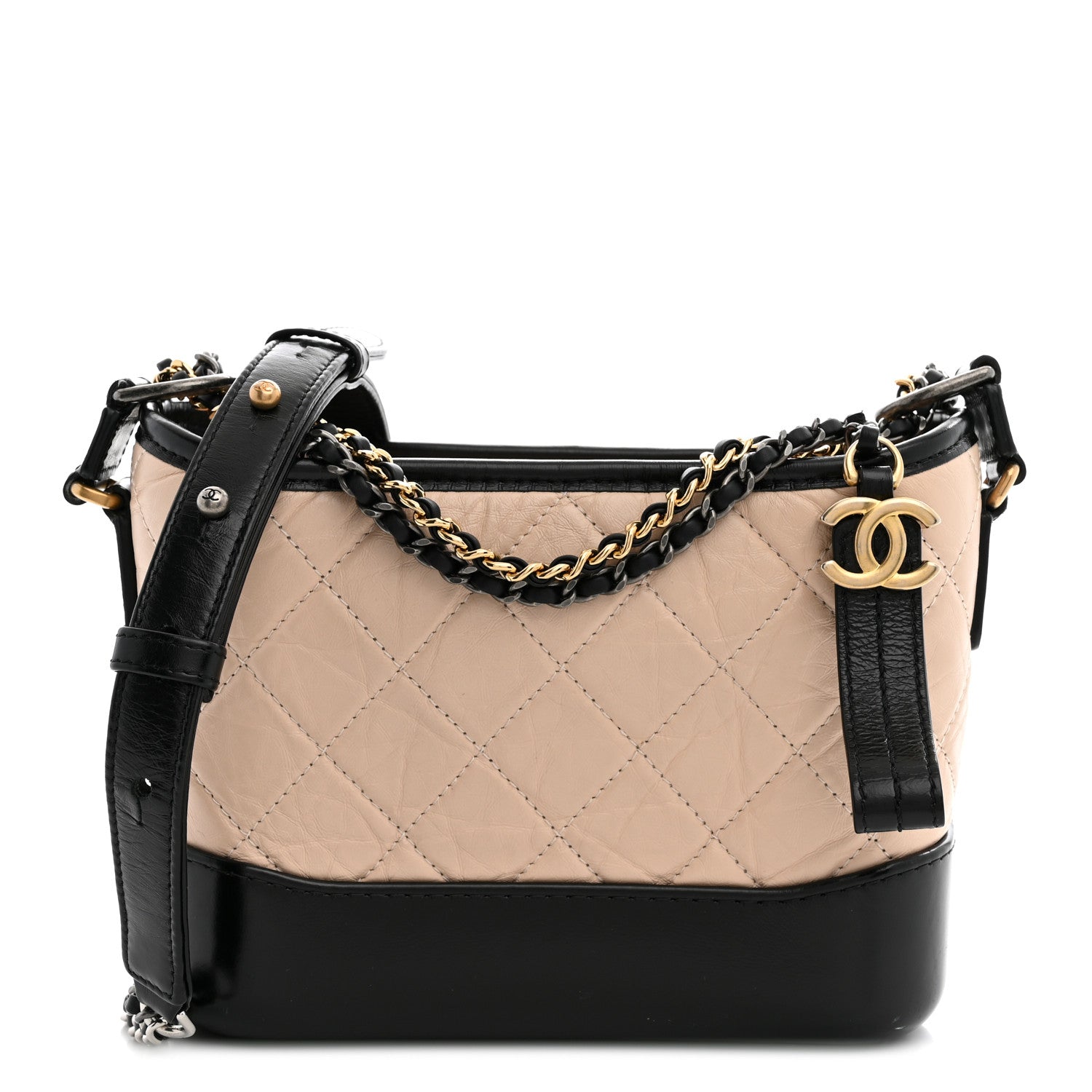 Aged Calfskin Quilted Small Gabrielle Hobo Beige Black