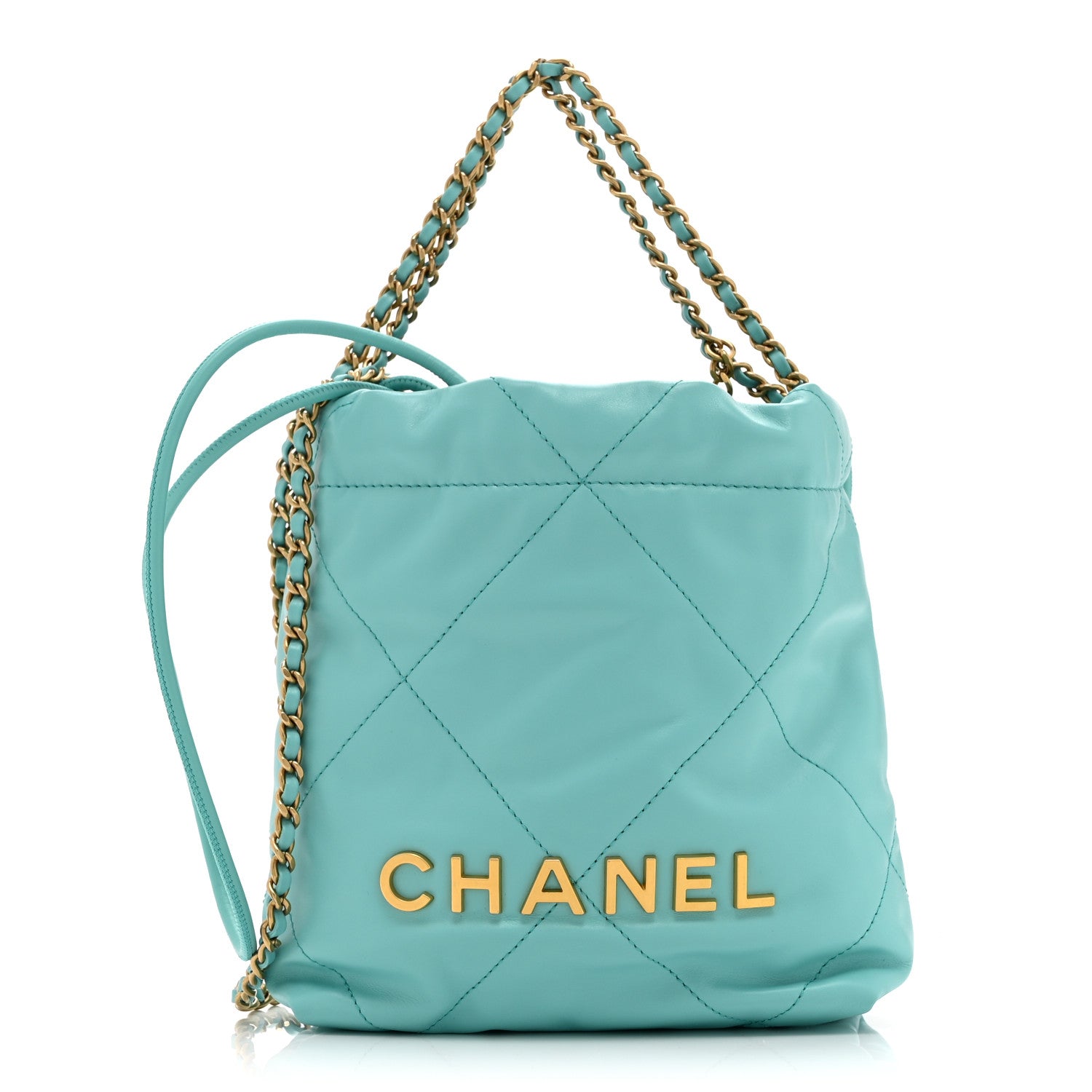 Shiny Calfskin Quilted Mini Chanel 22 Turquoise