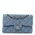 Printed Denim Quilted Small Double Flap Light Blue