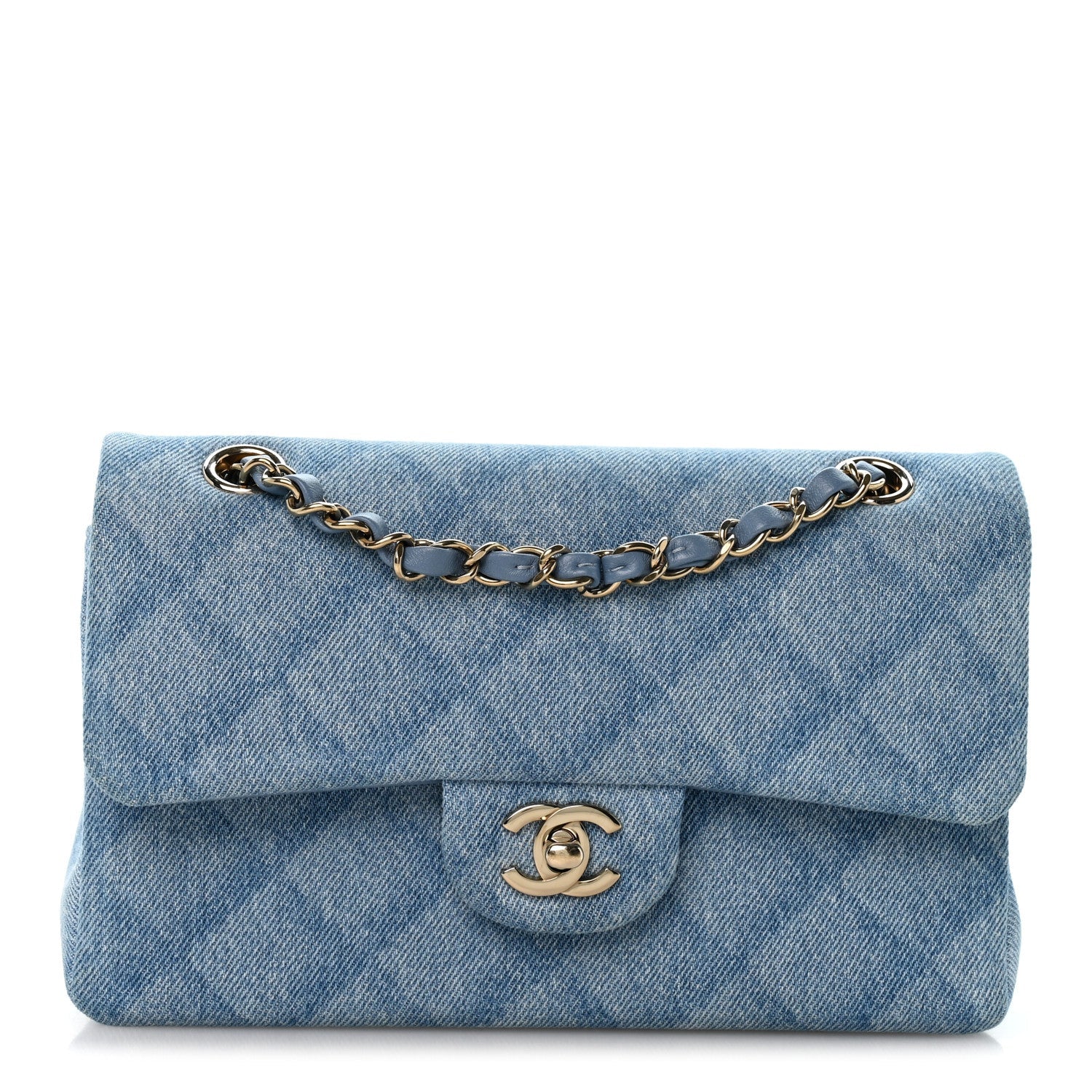 Printed Denim Quilted Small Double Flap Light Blue