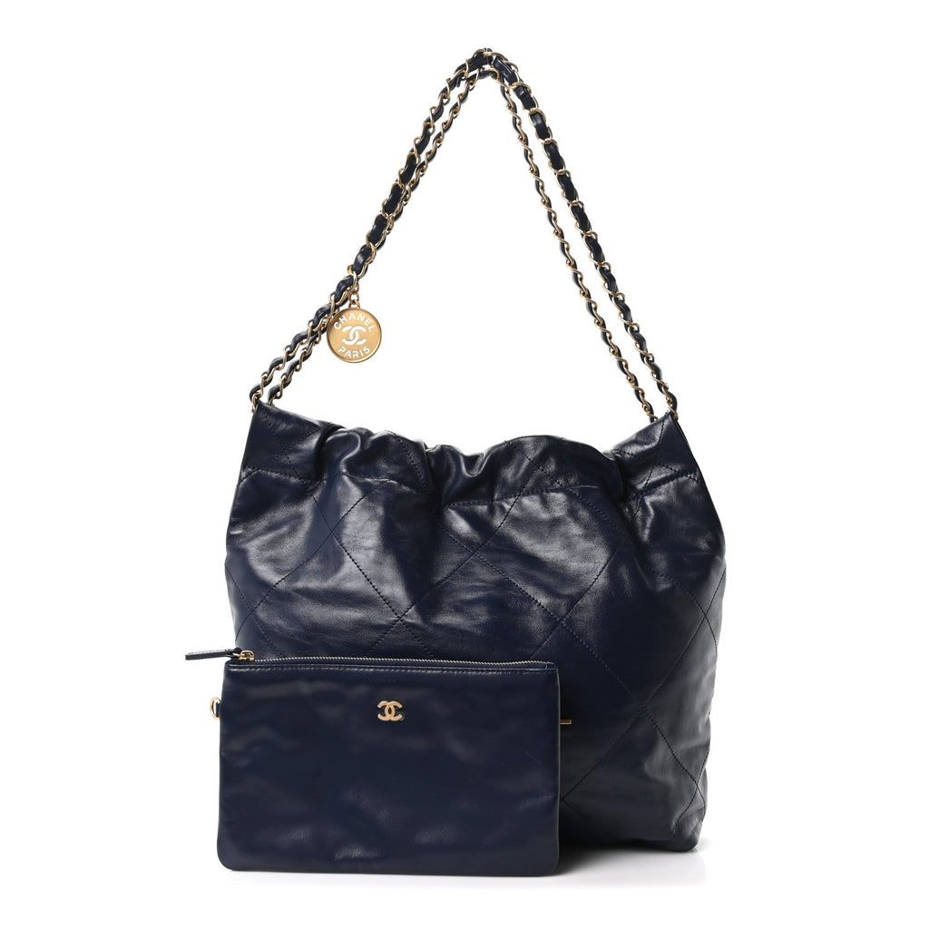 Shiny Calfskin Quilted Small Chanel 22 Navy