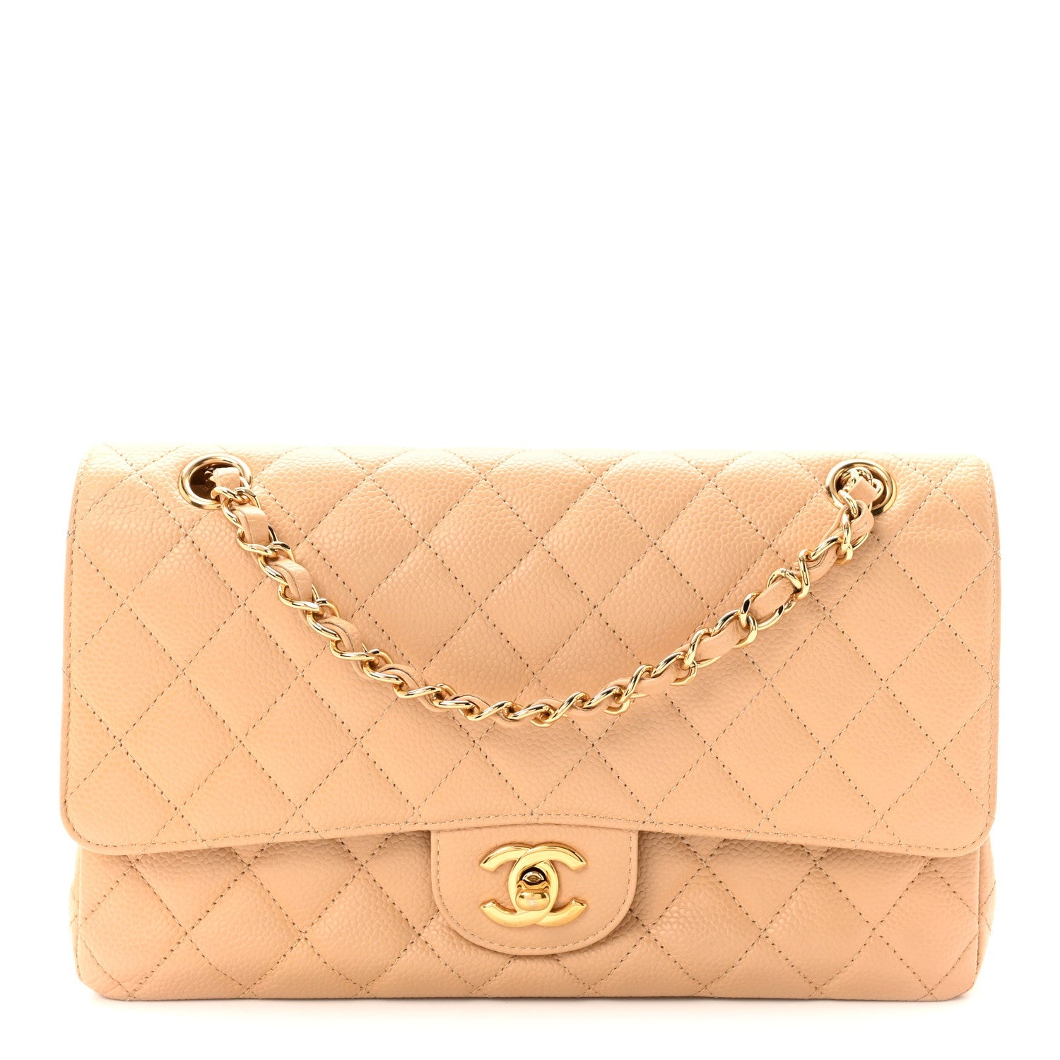 Caviar Quilted Medium Double Flap Beige