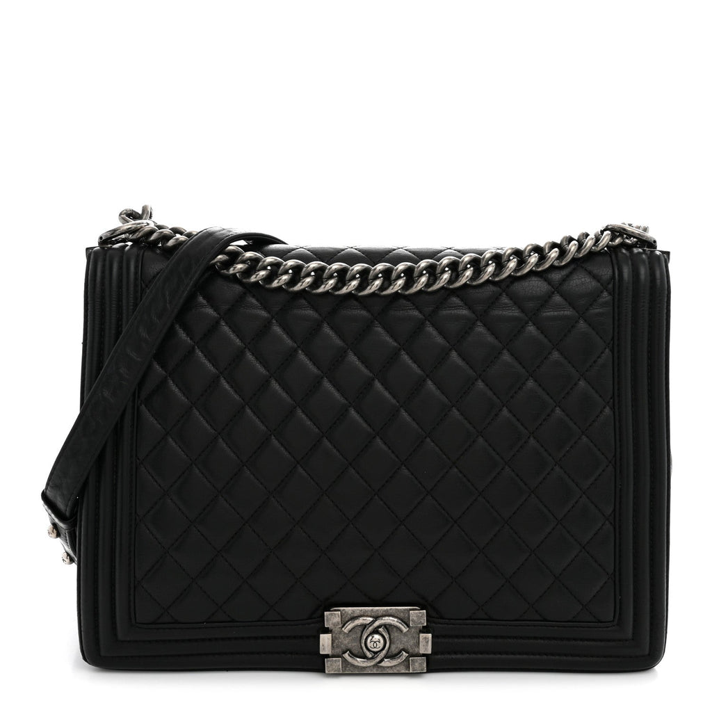 Calfskin Quilted Large Boy Flap Black