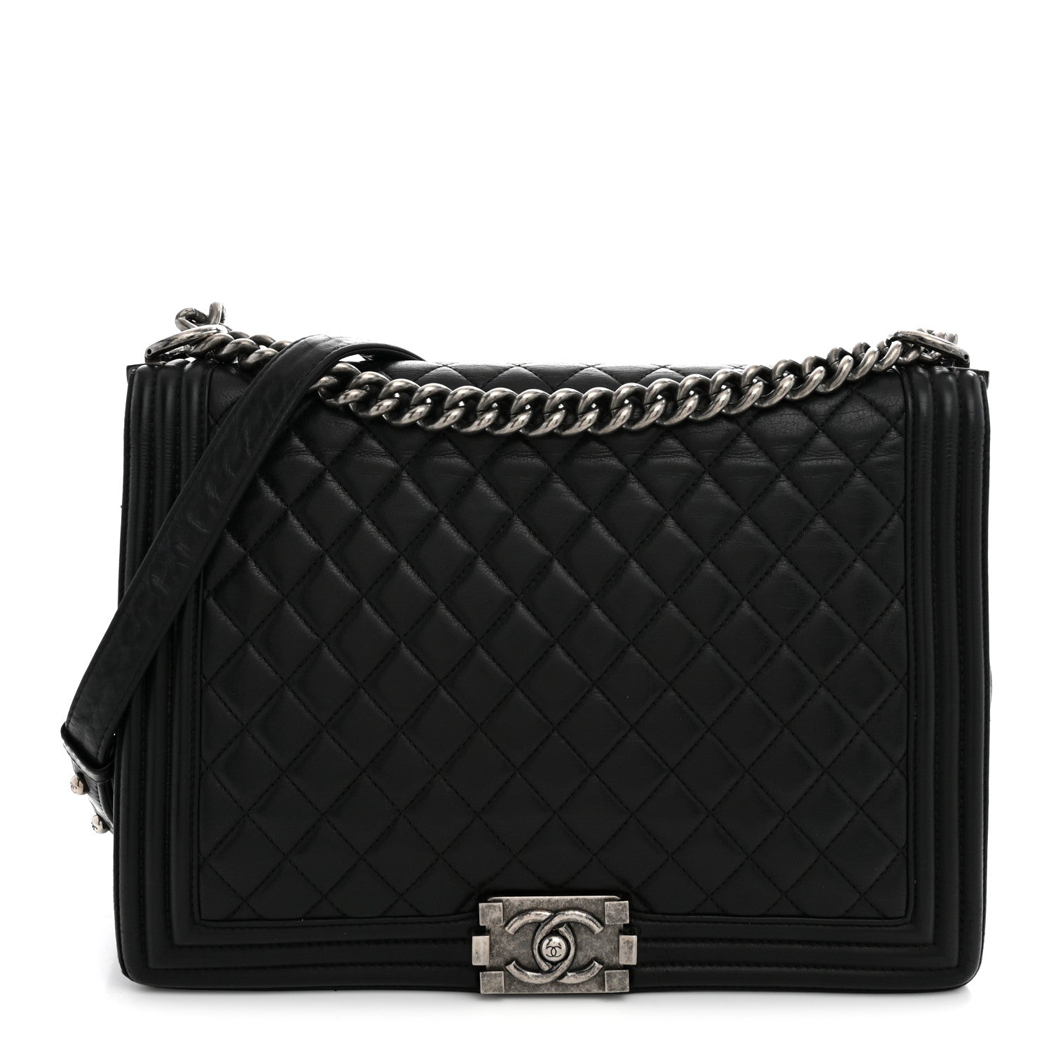 Calfskin Quilted Large Boy Flap Black