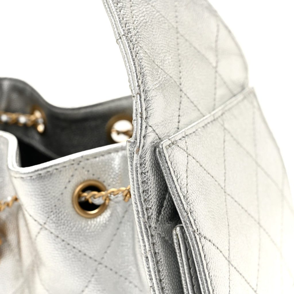 Metallic Caviar Quilted Small Chanel 25 Handbag Silver