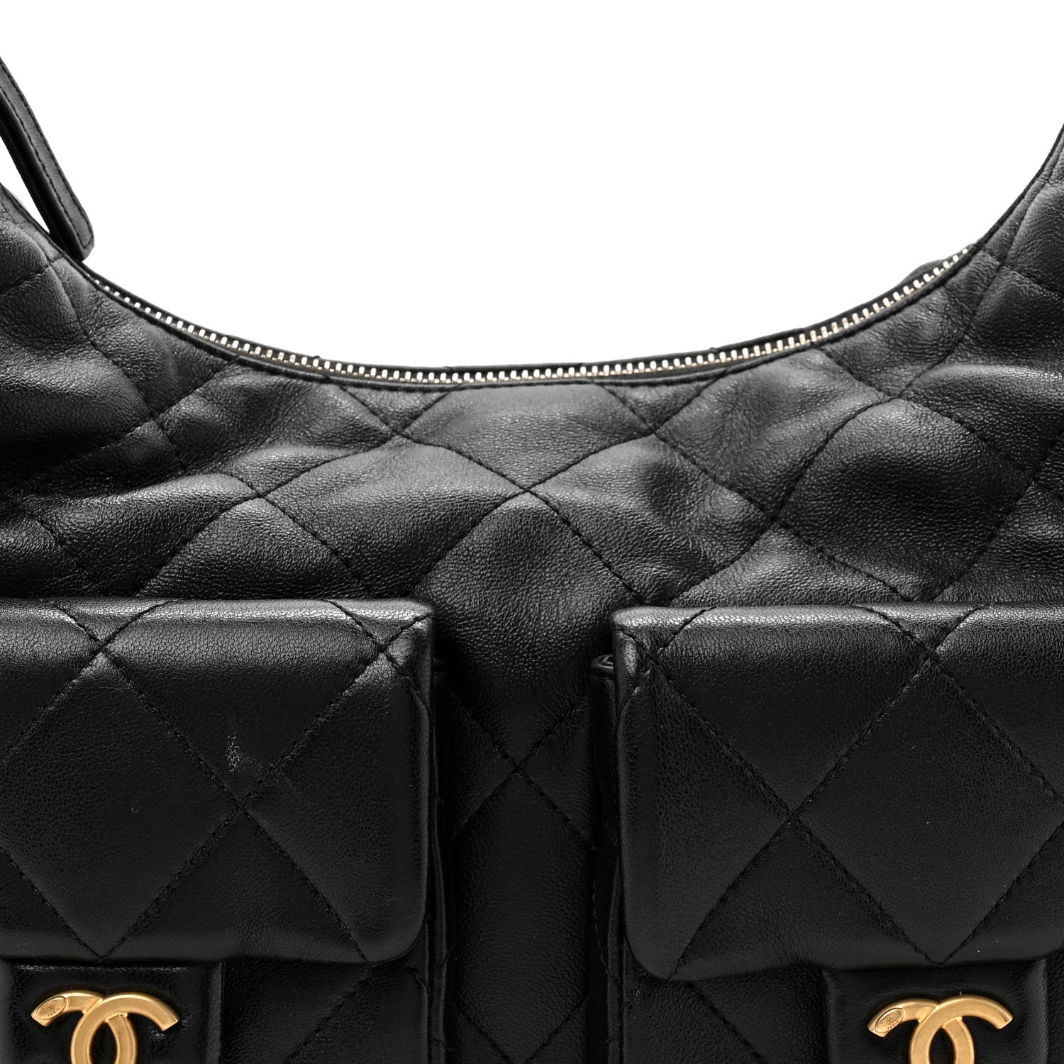 Shiny Lambskin Quilted Trendy Pockets Hobo Black Black