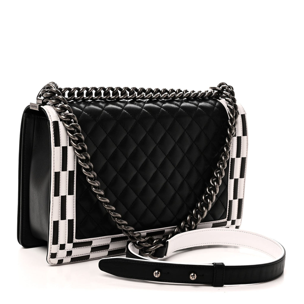 Calfskin Quilted Checkerboard Trim New Medium Boy Flap Black White