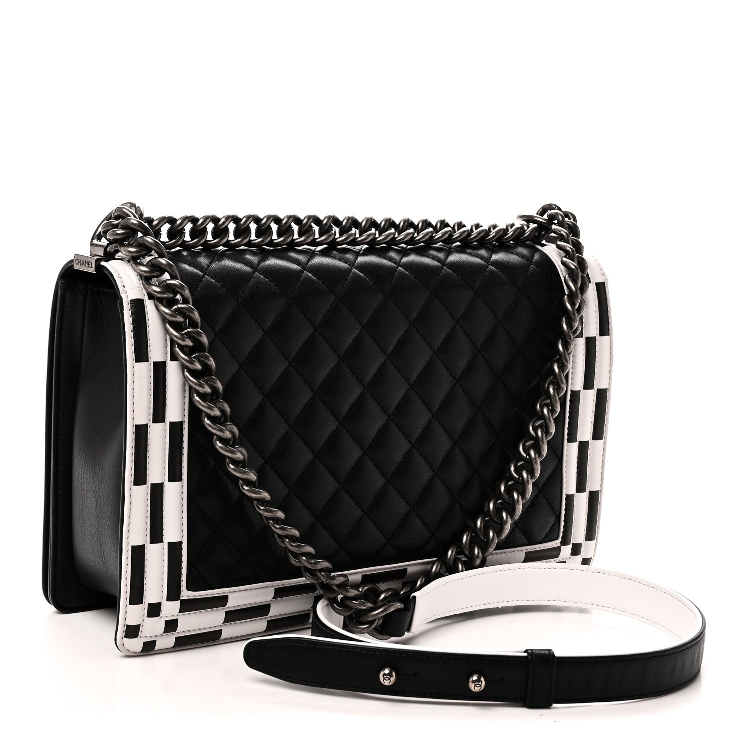 Calfskin Quilted Checkerboard Trim New Medium Boy Flap Black White