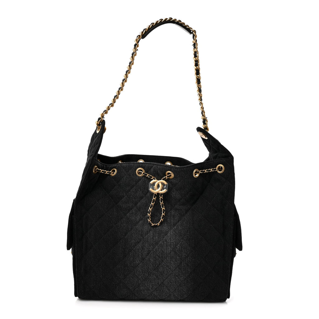 Washed Denim Quilted Medium Chanel 25 Handbag Black