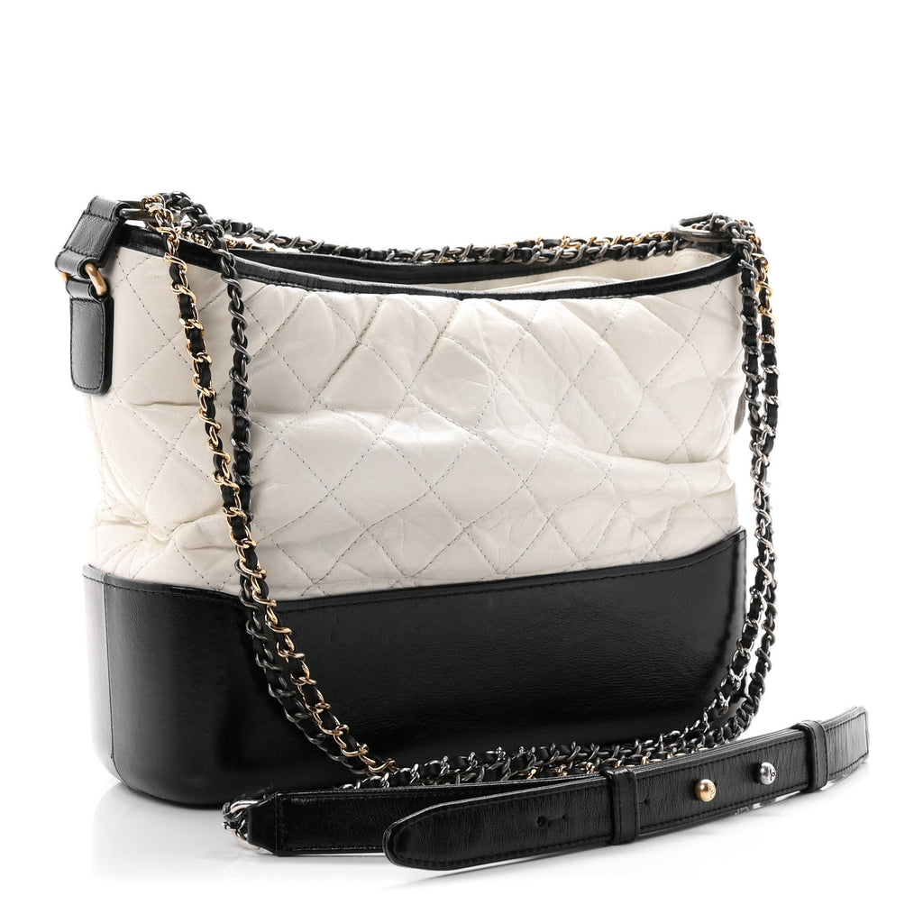 Aged Calfskin Quilted Medium Gabrielle Hobo Black White
