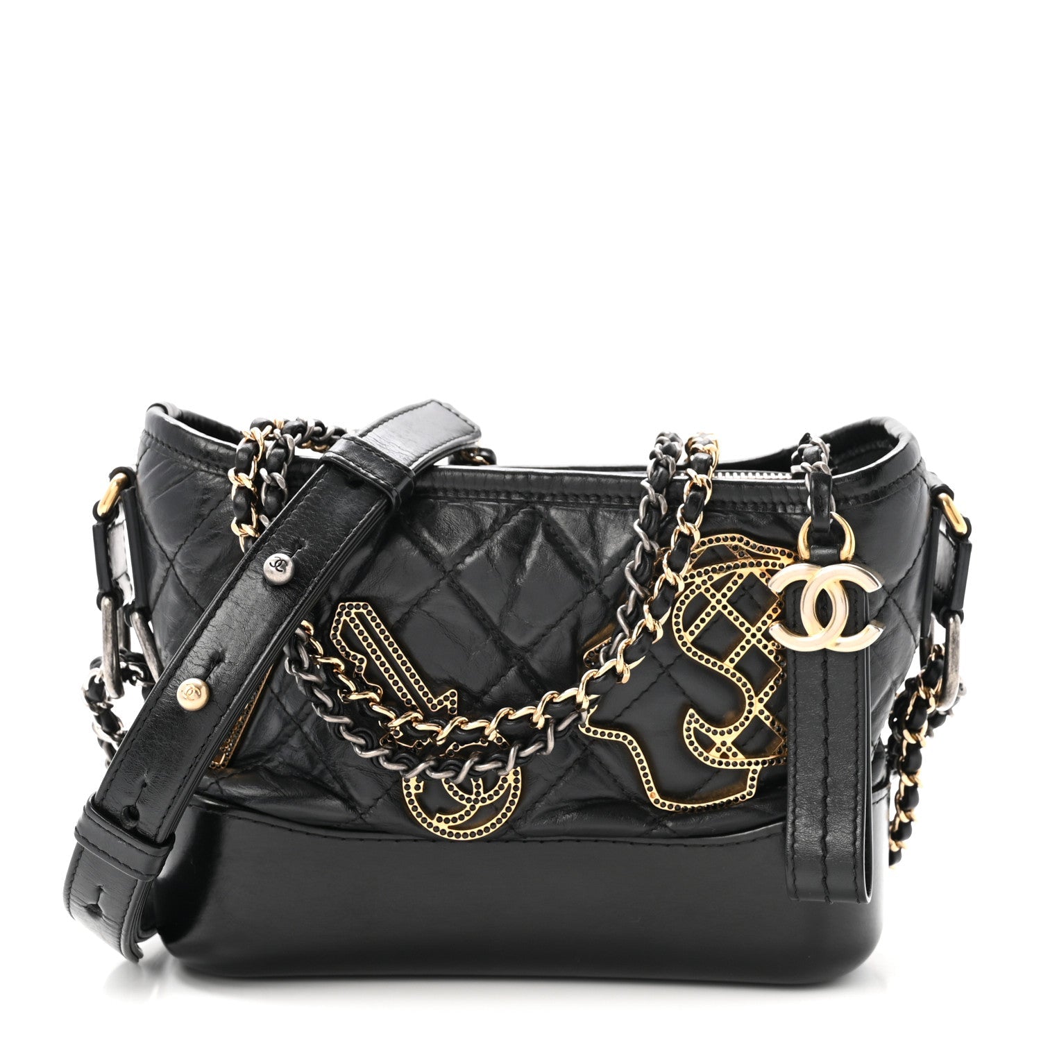 Aged Calfskin Quilted Charms Small Gabrielle Hobo Black