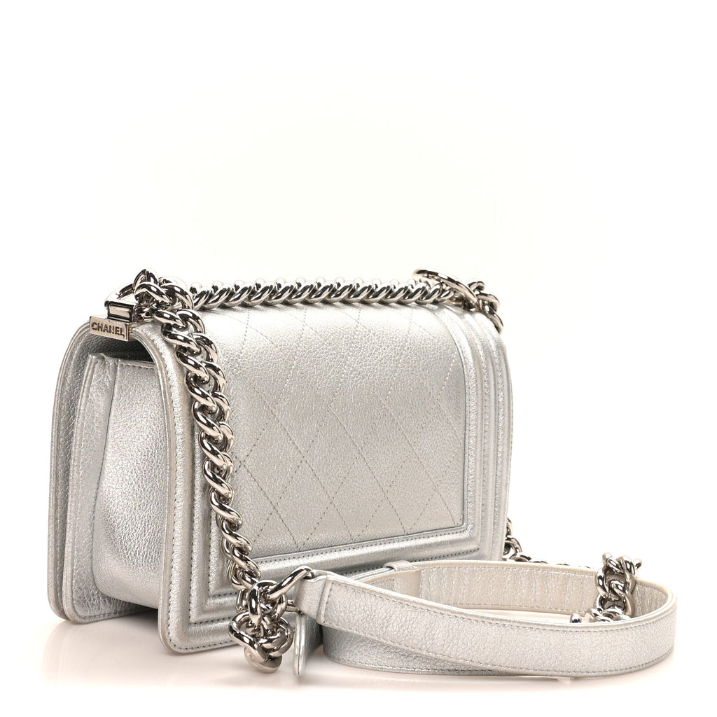 Metallic Calfskin Camellia Quilted Small Boy Flap Silver