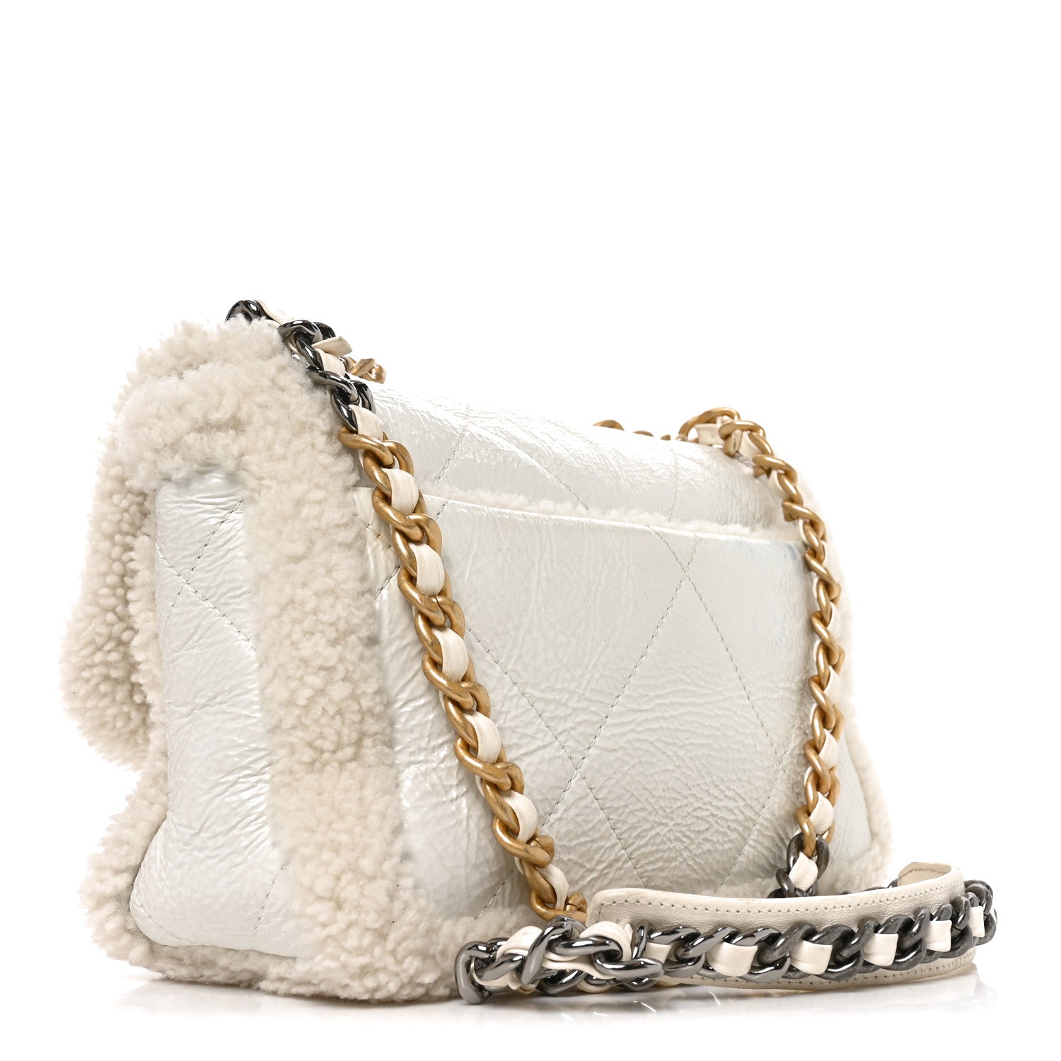 Crumpled Calfskin Shearling Sheepskin Medium Chanel 19 Flap White