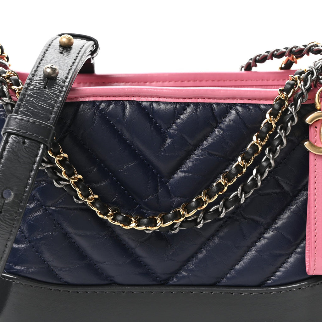 Aged Calfskin Chevron Quilted Small Gabrielle Hobo Dark Pink Navy