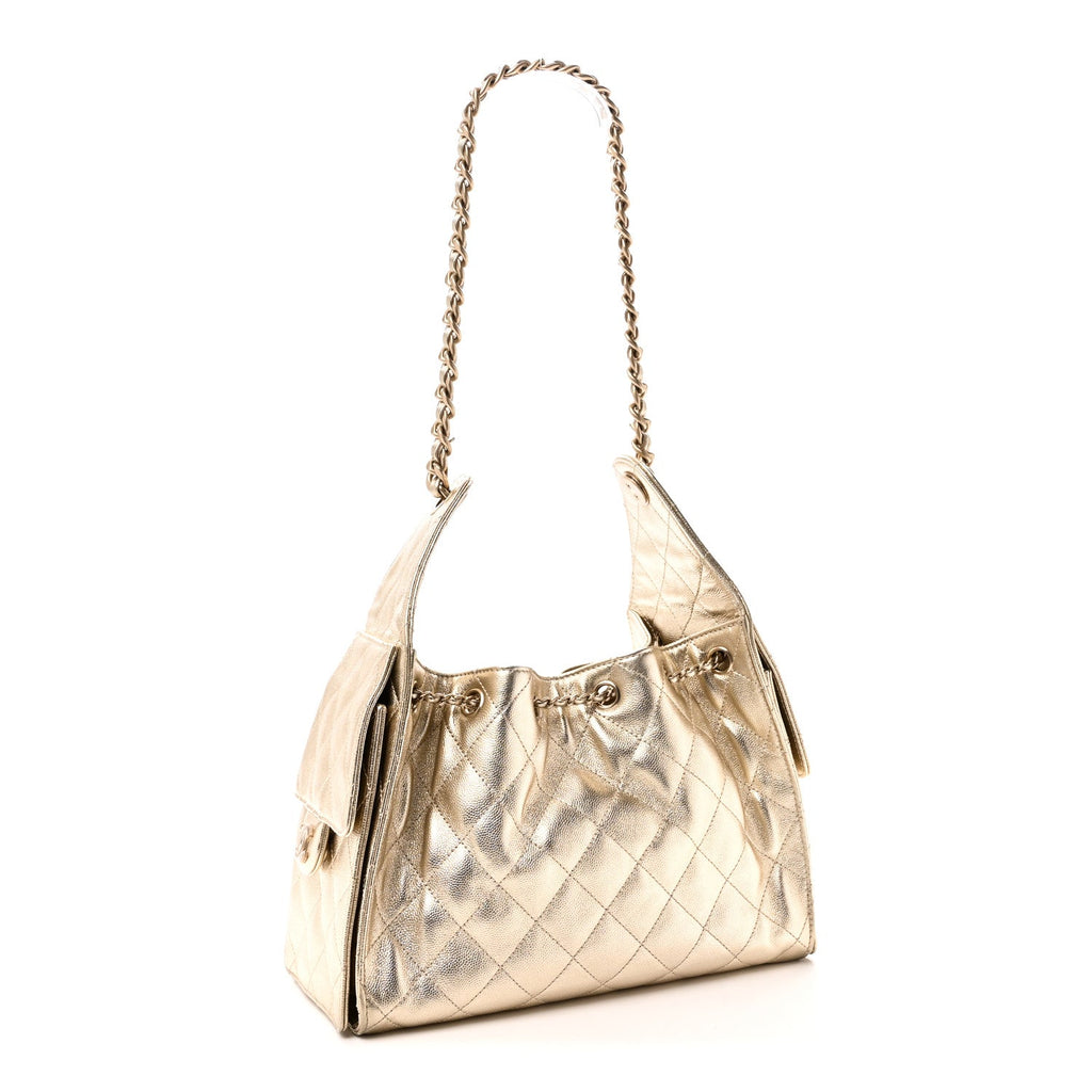 Metallic Caviar Quilted Small Chanel 25 Handbag Gold