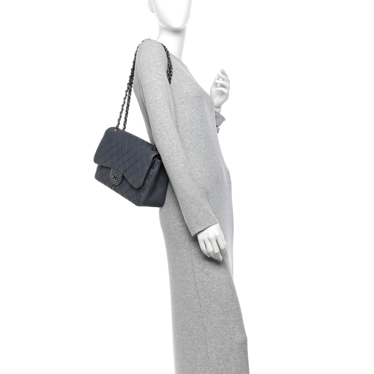 Washed Caviar Quilted Jumbo Double Flap Dark Grey
