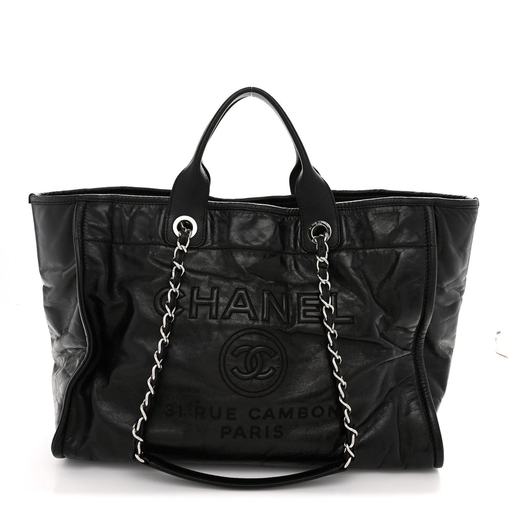 Glazed Calfskin Medium Deauville Tote Black