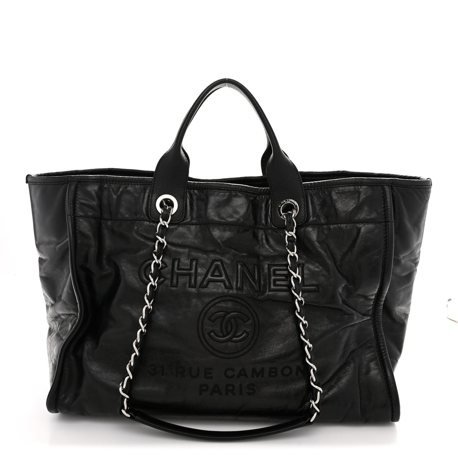 Glazed Calfskin Medium Deauville Tote Black