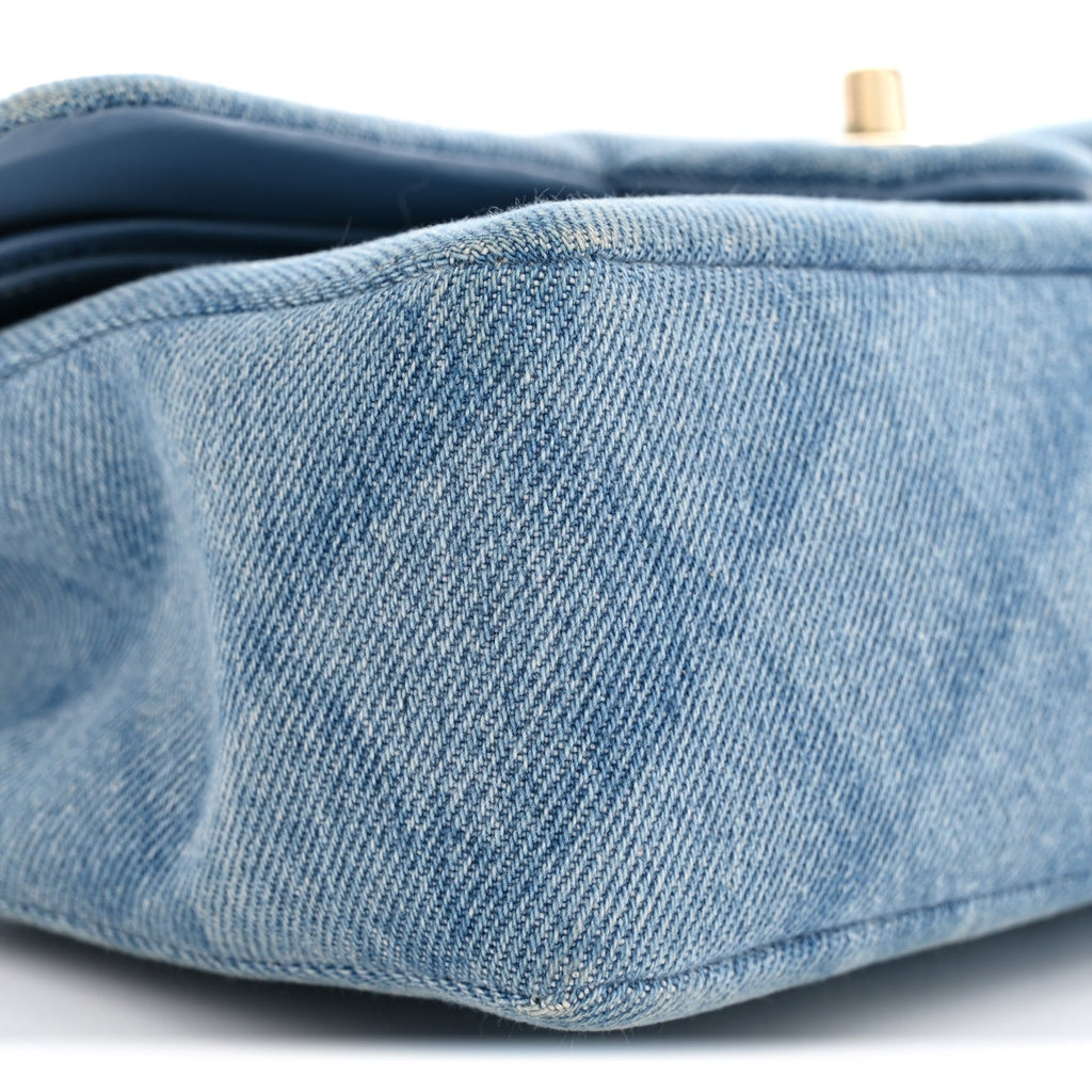 Printed Denim Quilted Small Double Flap Light Blue