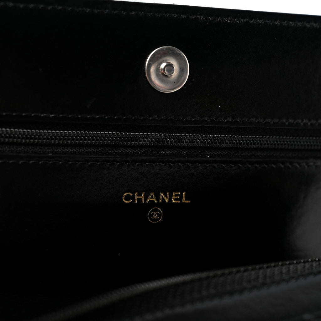 Shiny Crumpled Calfskin Quilted Chanel 19 Wallet On Chain WOC Black