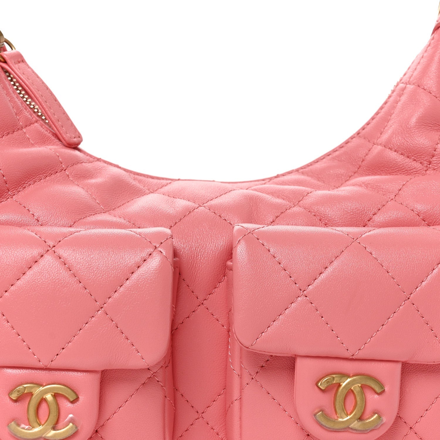Shiny Lambskin Quilted Trendy Pockets Hobo Coral Pink