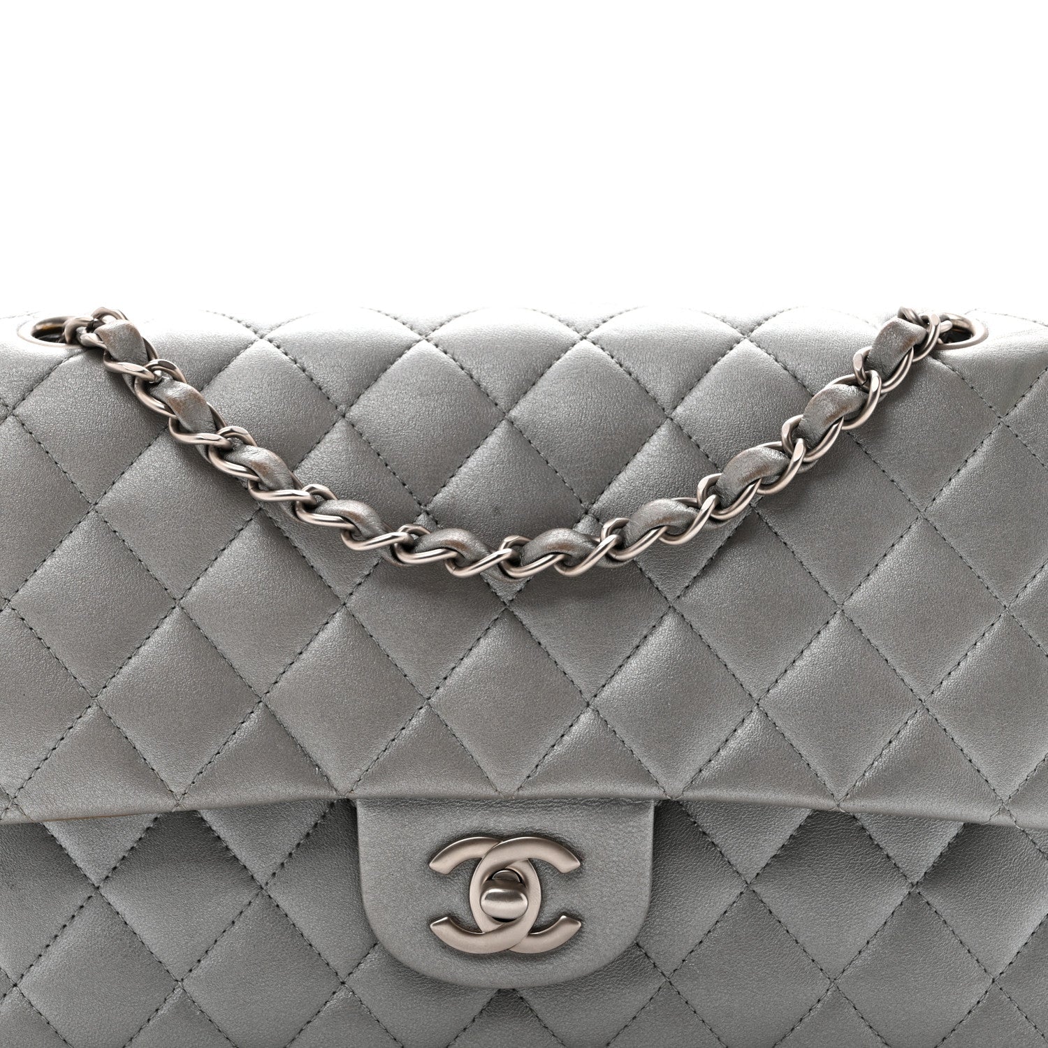 Metallic Lambskin Quilted Medium Double Flap Silver