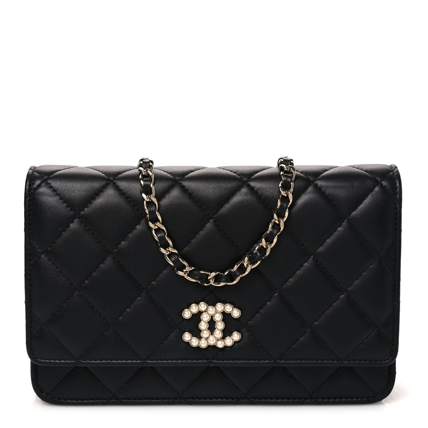Lambskin Quilted Pearl CC Wallet on Chain WOC Black