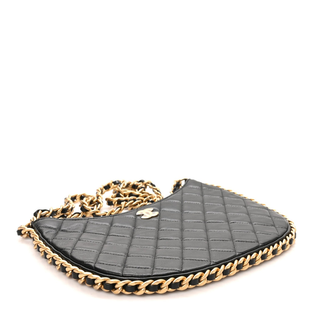 Shiny Crumpled Lambskin Quilted Large Trendy Chain Around Hobo Black