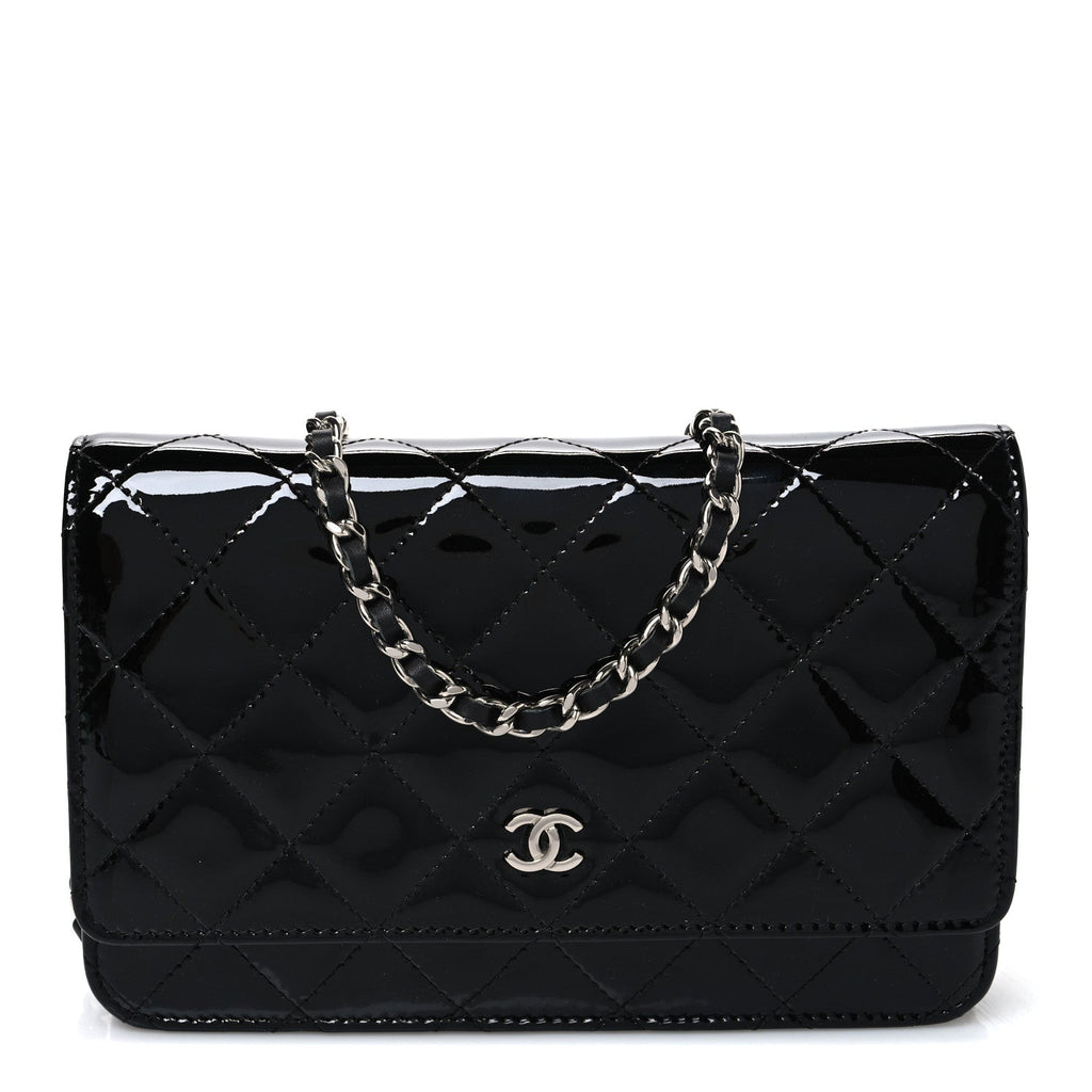 Patent Quilted Wallet On Chain WOC Black