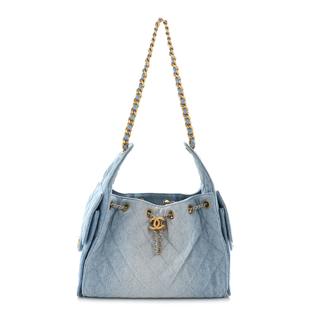 Washed Denim Quilted Small Chanel 25 Handbag Blue