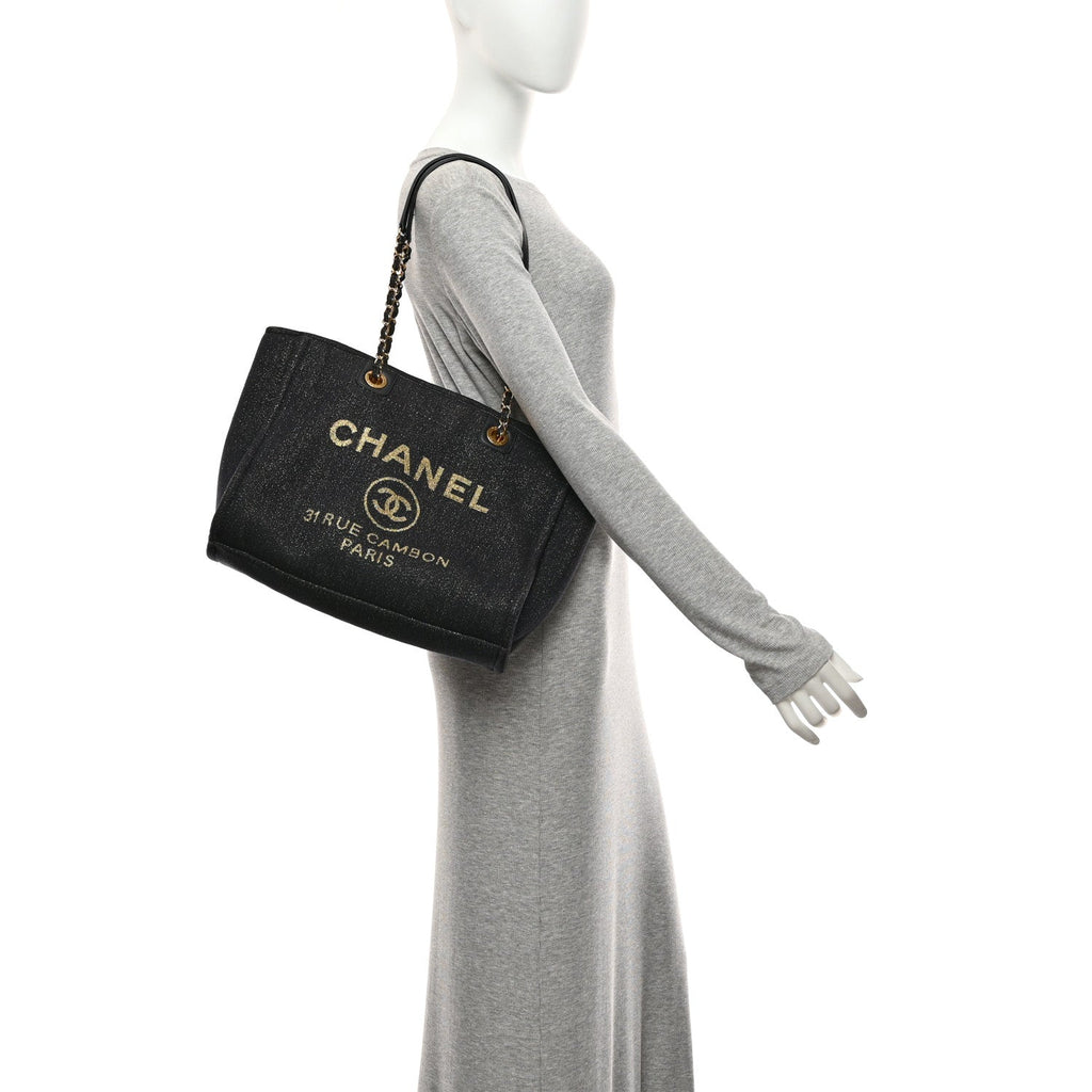 Lurex Canvas Small Deauville Tote Navy Blue Gold